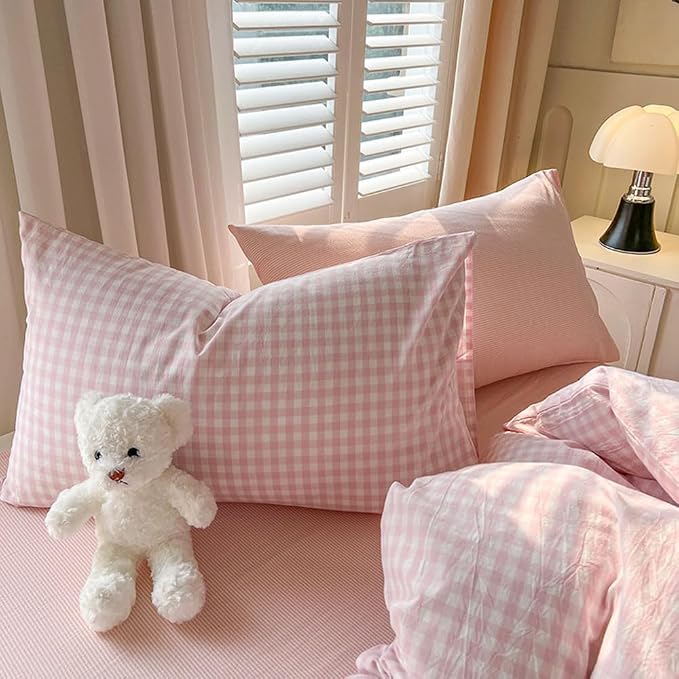 Nayoroom Gingham Duvet Cover Queen Size Pink White Plaid Checkered Comforter - Image 7