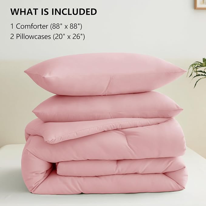 CozyLux Queen Comforter Set Pink, 3 Pieces Solid Comforters Queen Size - Image 6