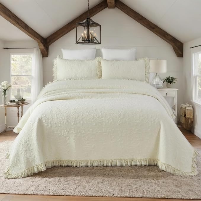 Brandream Cream Yellow White Quilt Set Queen Size Cotton Matelasse Bedding by Brandream