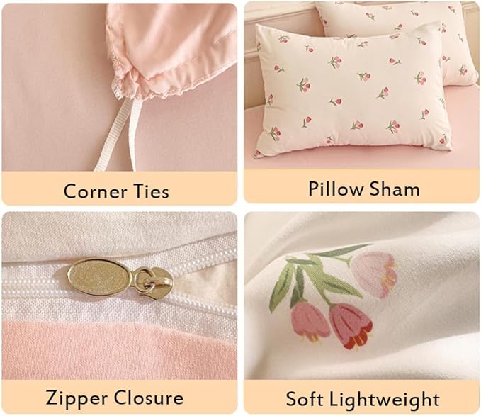 Nayoroom Pink Floral Duvet Cover Full Size Coquette Tulip Printed on White - Image 6