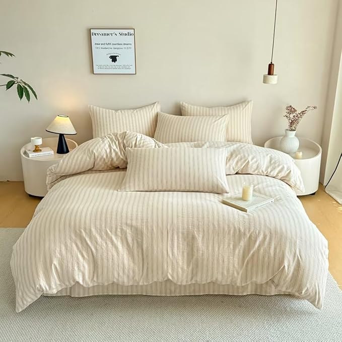 PinkMemory Beige Striped Duvet Cover Set Queen 100% Washed Cotton Beige Wide - Image 3