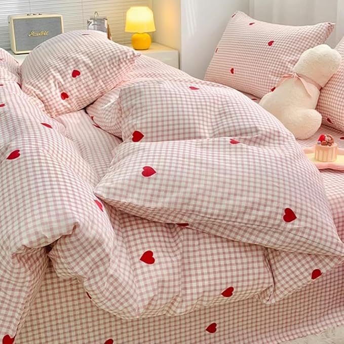 Nayoroom Gingham Duvet Cover Full Size Pink Plaid Red Heart Printed on White - Image 3