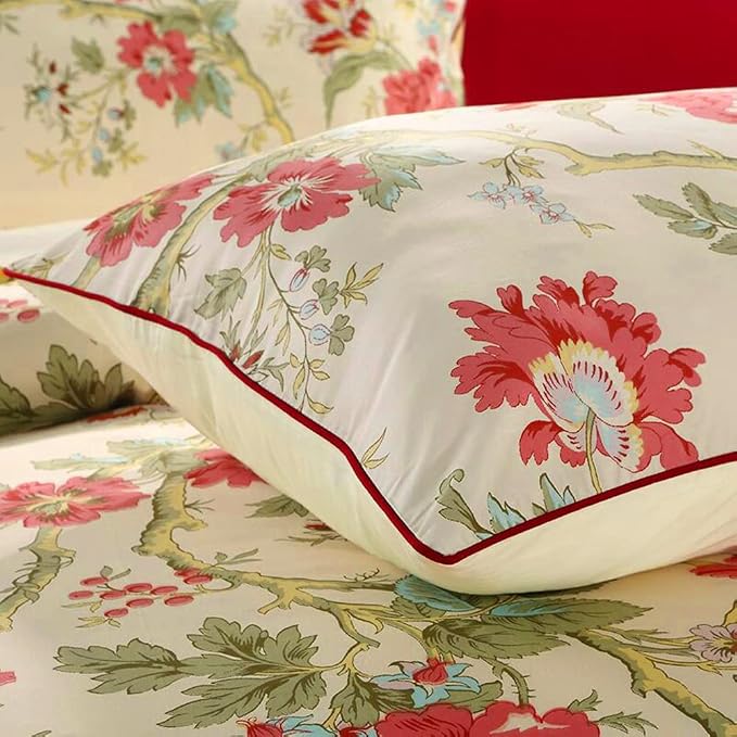 mixinni Garden Style 3 Pieces Red Flower Leaf Pattern Duvet Cover Set Queen - Image 5