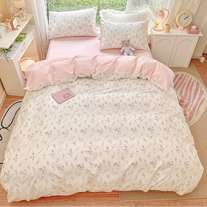 Nayoroom Floral Duvet Cover Queen Size Girls Pink White Botanical Flower - Image 3