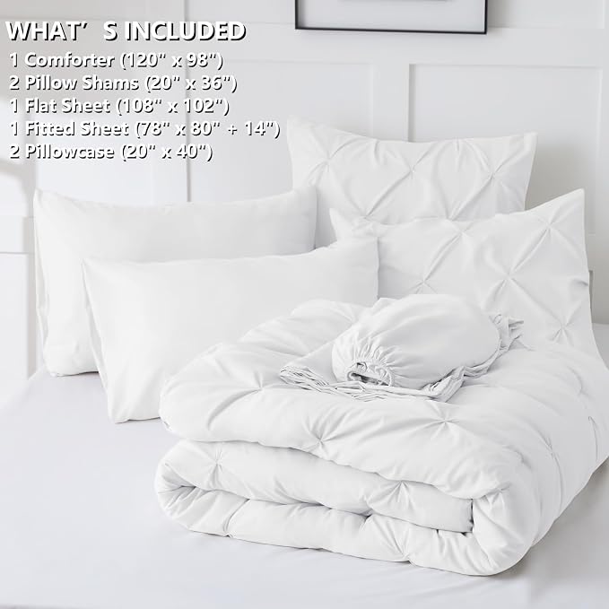 HIMEET Pintuck Bed in a Bag, 7 Pieces Oversized King Comforter Set White - Image 6