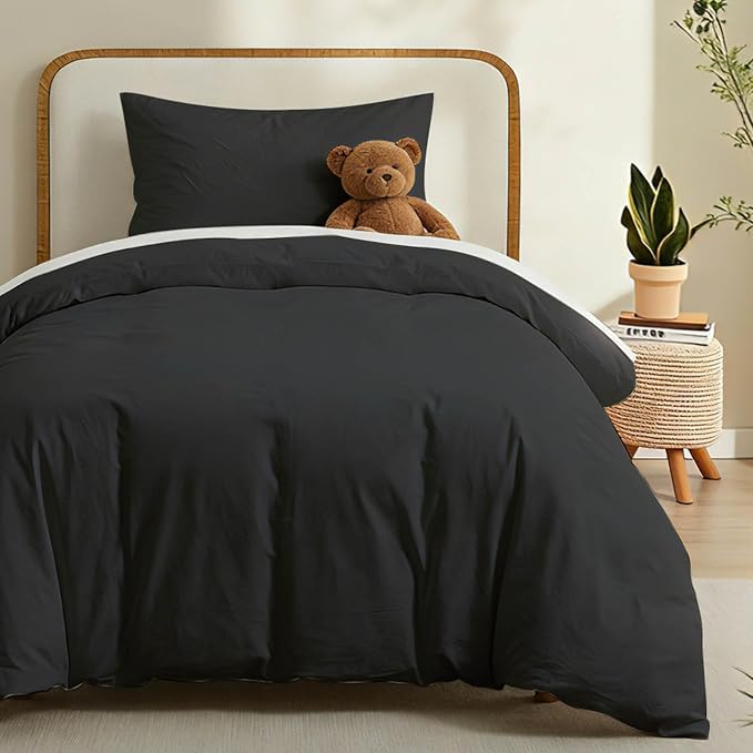 LOVQUE Black Duvet Cover Twin Size, 100% Washed Cotton Linen Like Bedding Set by LOVQUE