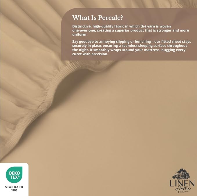 Linen Home 100% Cotton Percale Weave Fitted Sheet, King Size, Light Taupe - Image 4