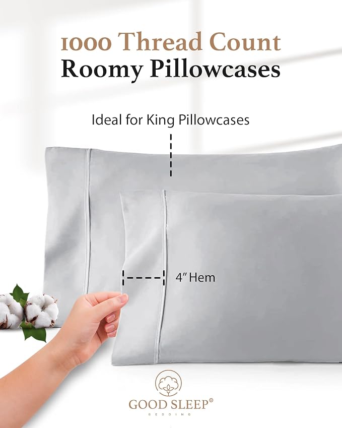 1000 TC Light Gray King Pillowcases Set of 2 100% Egyptian Cotton Pillow Cases - Image 3