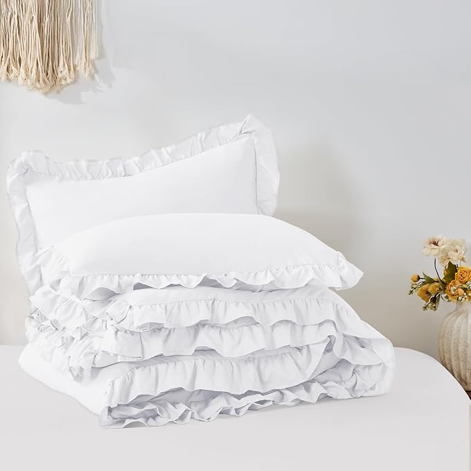FUANNA King Size Comforter Set White, 3 Pieces Ruffle King Bedding Set - Image 9