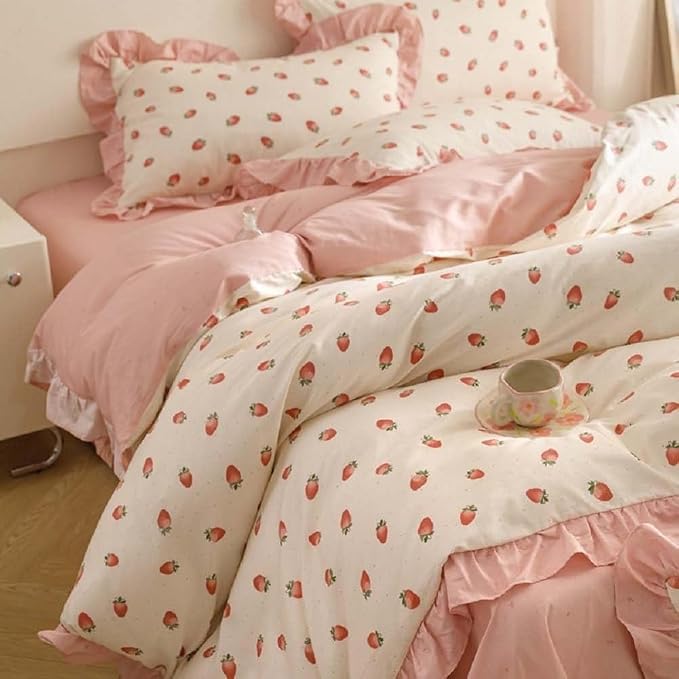 Nayoroom Ruffle Duvet Cover Full Size Pink Strawberry Printed on White Ruffled - Image 3