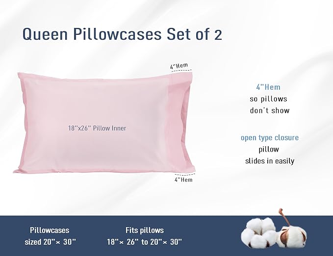 Pillow Cases, Standard Queen Size Cotton Percale Weave Pillowcases, Pre-Shrunk - Image 3