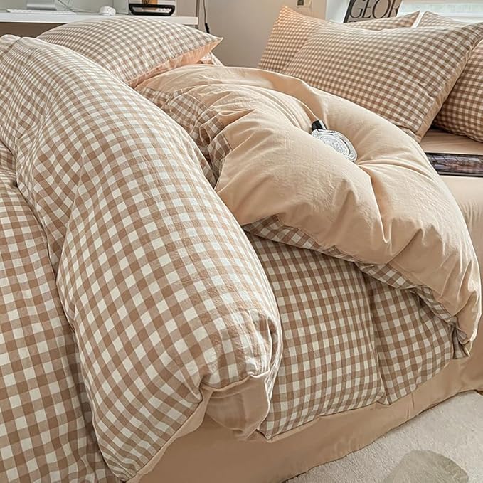 Nayoroom Brown Gingham Duvet Cover Queen Size 100% Washed Cotton Duvet Cover 3 by Nayoroom