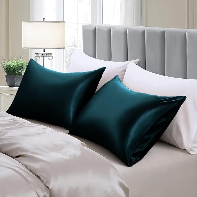 Aormenzy Satin Pillow Cases for Women Queen Size Set of 2, Dark Teal Satin - Image 4