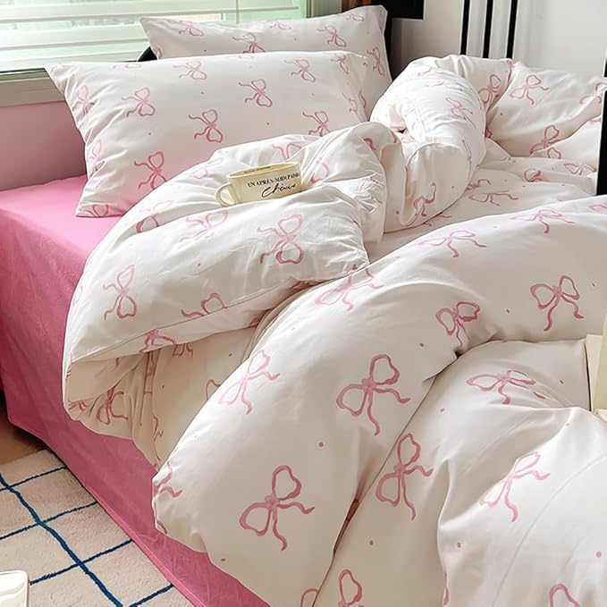 Nayoroom Pink Bow Duvet Cover Full Size Polka Dot Bowknot Coquette Duvet Cover - Image 3