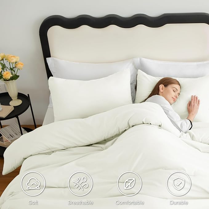 CozyLux Queen Comforter Set Ivory, 3 Pieces Solid Comforters Queen Size - Image 5