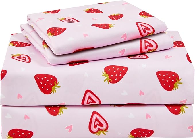 lasoftan Pink Strawberry Printed Kids Sheet Set Twin Size, Bed Sheets by Unknown