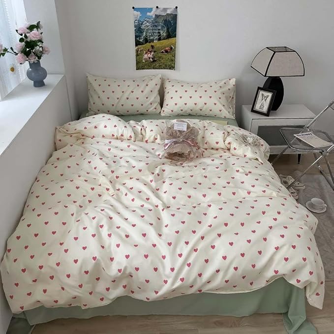 Nayoroom Heart Duvet Cover Full Size Kawaii Pink Heart Printed on Cream White - Image 6