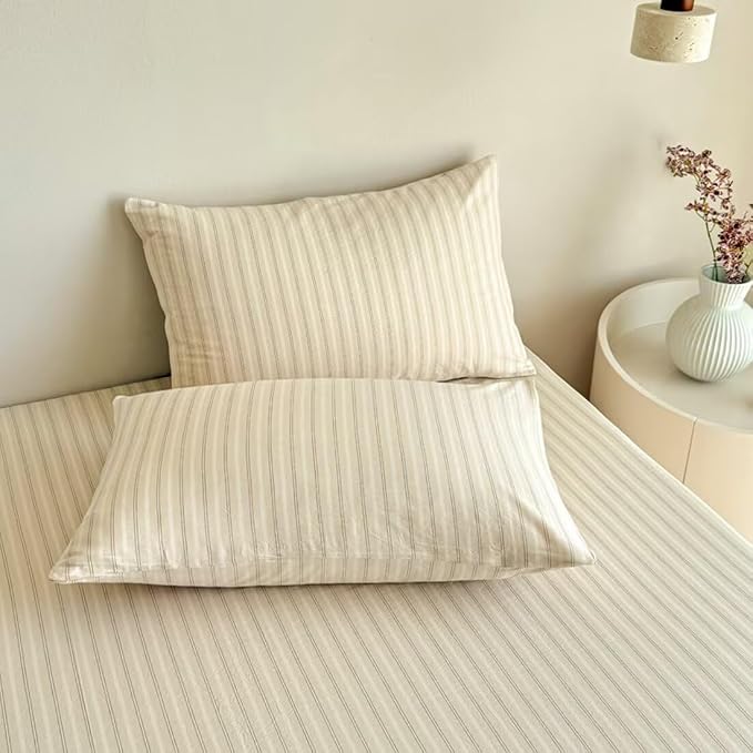 PinkMemory Beige Striped Duvet Cover Set Queen 100% Washed Cotton Beige Wide - Image 5