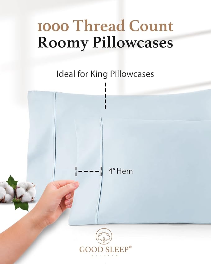 1000 TC Light Blue King Pillowcases Set of 2 100% Egyptian Cotton Pillow Cases - Image 3