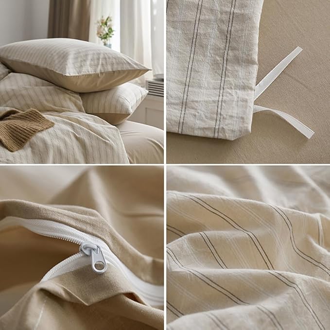 Nayoroom Beige Striped Duvet Cover Queen Size 100% Washed Cotton Duvet Cover - Image 6