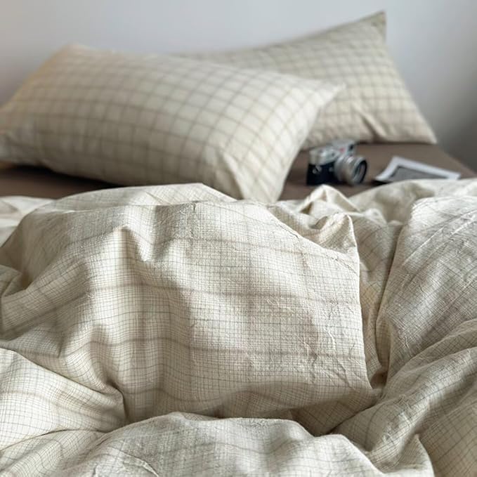PinkMemory Beige Gingham Duvet Cover Bedding King 100% Washed Cotton Vintage - Image 4