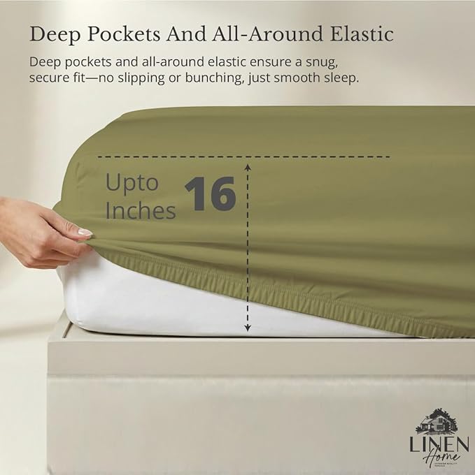 Linen Home 100% Cotton Percale Weave Fitted Sheet, Queen Size, Oil Green - Image 2