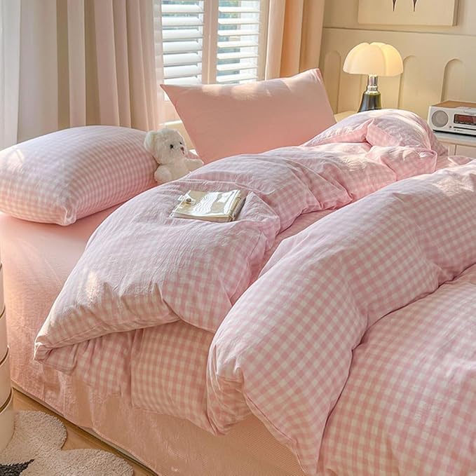Nayoroom Gingham Duvet Cover Queen Size Pink White Plaid Checkered Comforter by Nayoroom