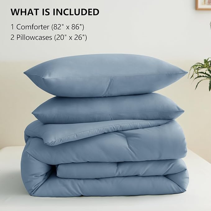 CozyLux Grayish Blue Full Size Comforter Set, 3 Pieces Dusty Blue Solid - Image 7