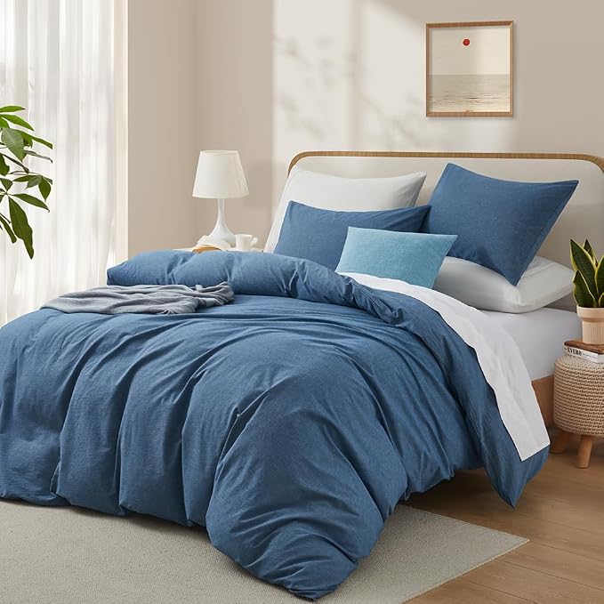 Blue Duvet Cover Full Size, 100% Washed Cotton Linen Like Bedding Set - Image 2