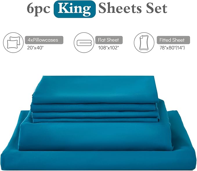 ILAVANDE Teal King Size Sheets Set 6 Piece, Hotel Luxury Super Soft 1800 Series - Image 7