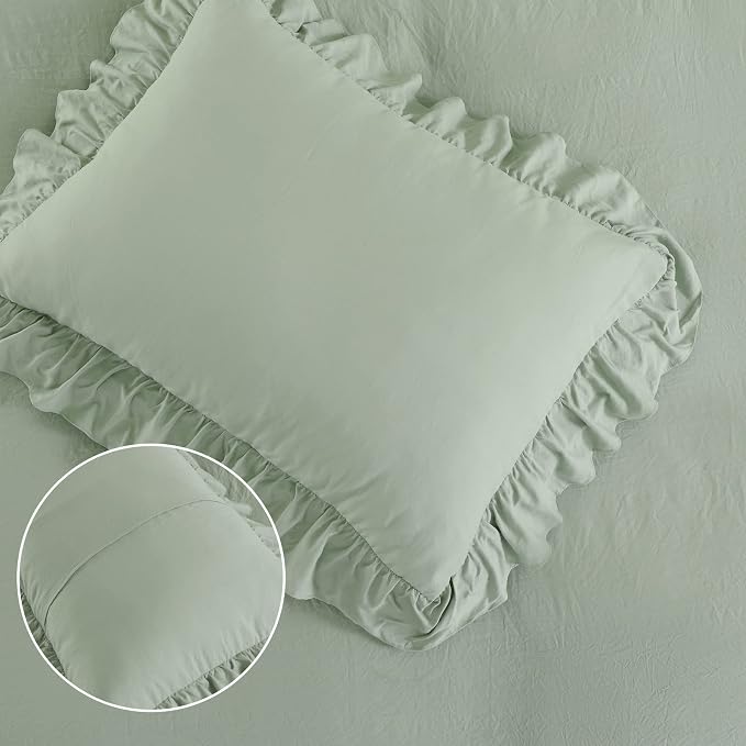 Ruffle Duvet Cover Queen Size, Sage Green, 90x90 in - Image 6