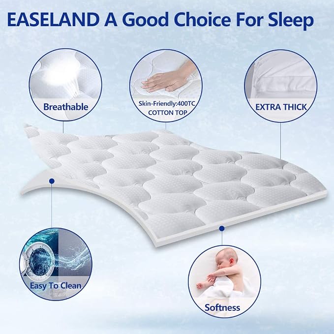 EASELAND Full Size Mattress Topper Pillow Top Mattress Cover Quilted Fitted - Image 2
