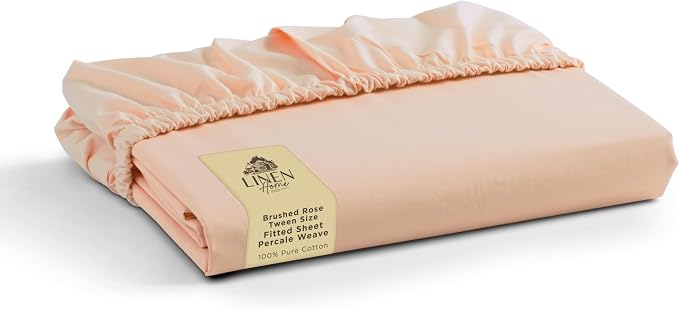 Linen Home 100% Cotton Percale Weave Fitted Sheet, Twin Size, Brushed Rose by LINENHOME