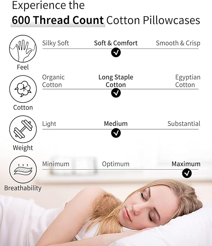 Warmstar Cotton Pillow Cases King Size Set of 2, 600 Thread Count Pillowcases - Image 4