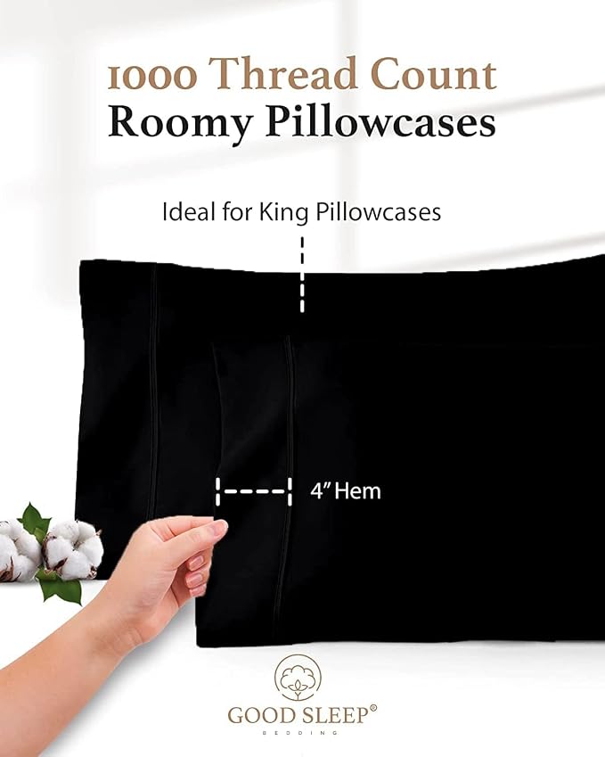 1000 TC Black Standard Pillowcases Set of 4 100% Egyptian Cotton Pillow Cases - Image 3