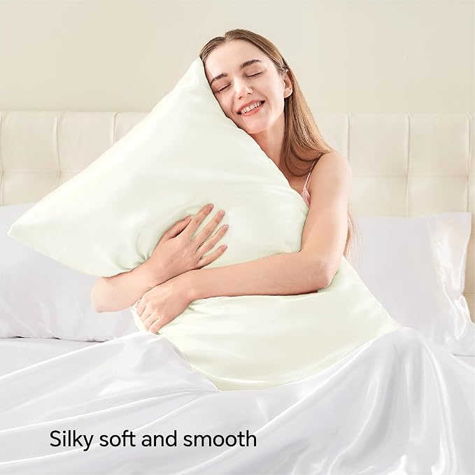 BEDELITE Satin Pillowcase with Zipper, Ivory King Size Pillow Cases Set of 2 - Image 2