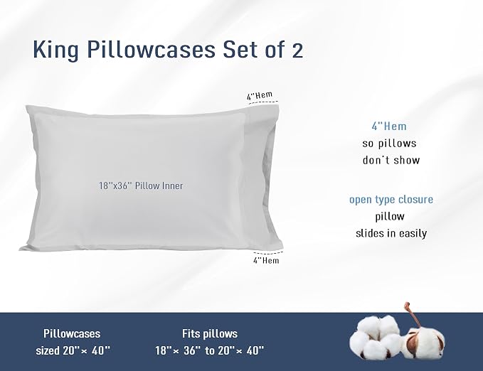 Pillow Cases, King Size Cotton Percale Weave Pillowcases, Pre-Shrunk Breathable - Image 3