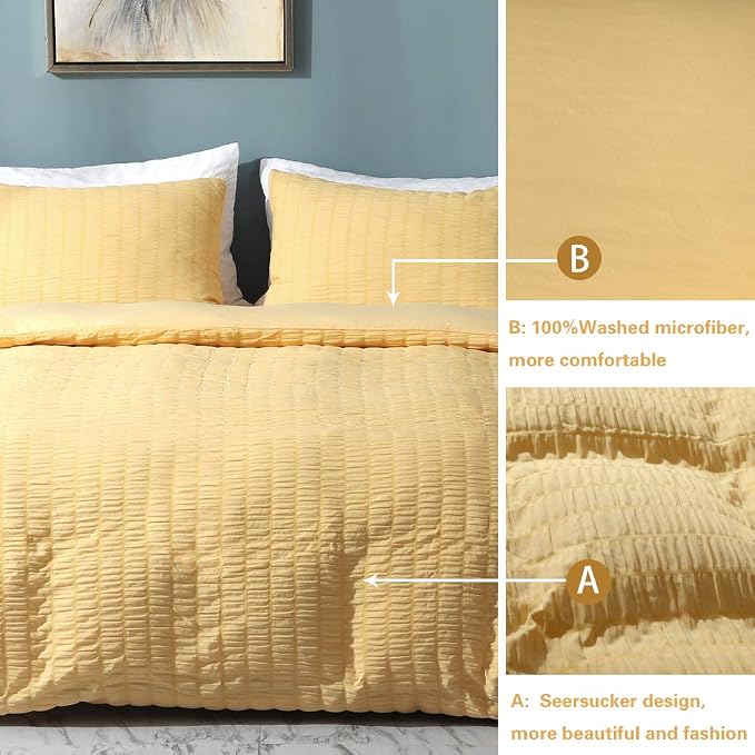 AveLom Yellow Duvet Cover King, 3 Pieces, Seersucker Textured Ultra Soft Washed - Image 7