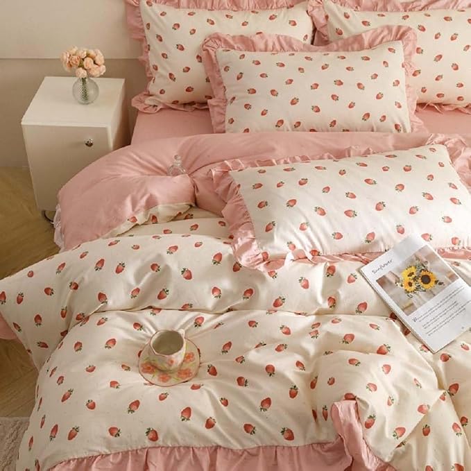 Nayoroom Ruffle Duvet Cover Full Size Pink Strawberry Printed on White Ruffled - Image 4