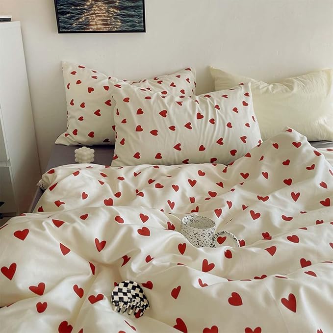 Nayoroom Heart Duvet Cover Queen Size Cute Red Love Heart Printed on White by Nayoroom