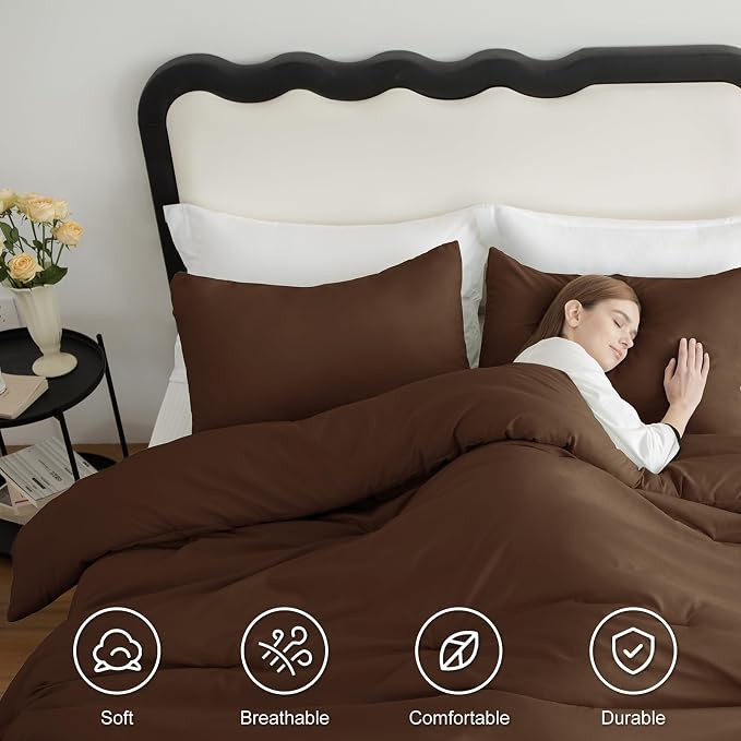 CozyLux Oversized King Comforter Set Brown, 3 Pieces 120x98 Solid Breathable - Image 5