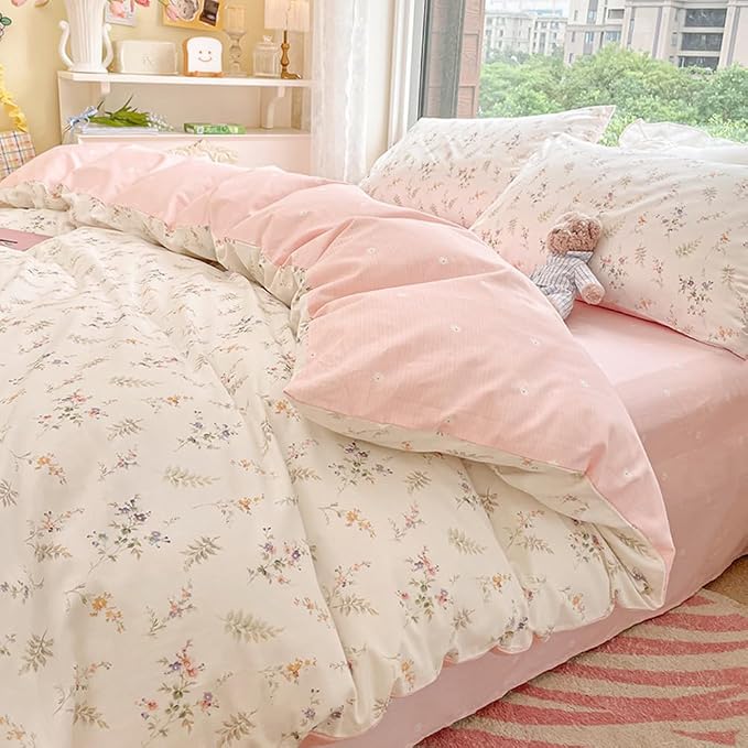Nayoroom Floral Duvet Cover Full Size Girls Pink White Botanical Flower by Nayoroom