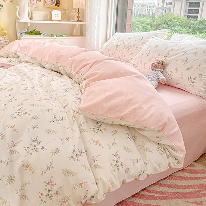 Nayoroom Floral Duvet Cover Queen Size Girls Pink White Botanical Flower by Nayoroom
