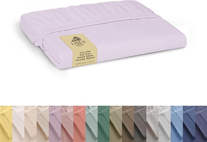 Linen Home 100% Cotton Percale Weave Fitted Sheet, Full Size, Iris Lilac by LINENHOME