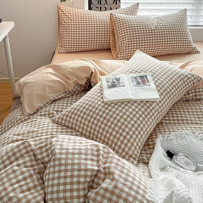 Nayoroom Brown Gingham Duvet Cover Queen Size 100% Washed Cotton Duvet Cover 3 - Image 6