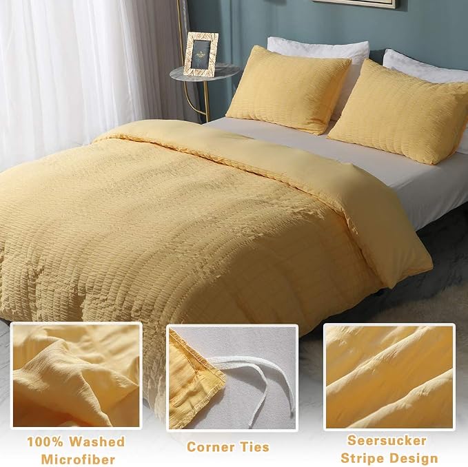AveLom Yellow Duvet Cover King, 3 Pieces, Seersucker Textured Ultra Soft Washed - Image 2