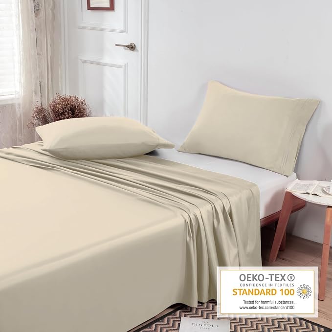 Lirex Beige Flat Sheet Twin, Ultra Soft & Breathable Brushed 1800 Microfiber - Image 4