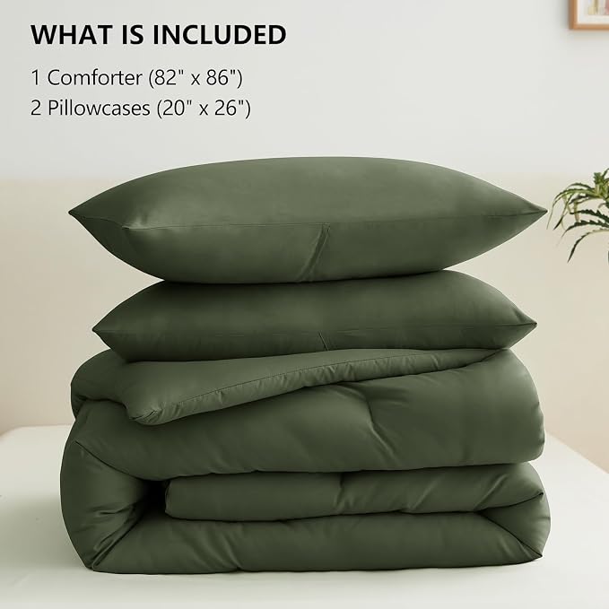 CozyLux Full Size Comforter Set Olive Green, 3 Pieces Solid Breathable Quilted - Image 6
