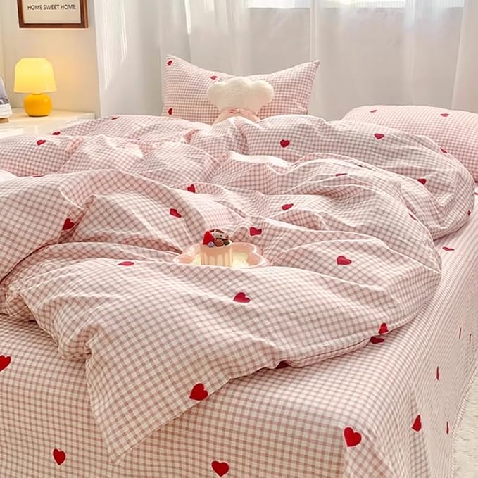 Nayoroom Gingham Duvet Cover Queen Size Pink Plaid Red Heart Printed on White - Image 5