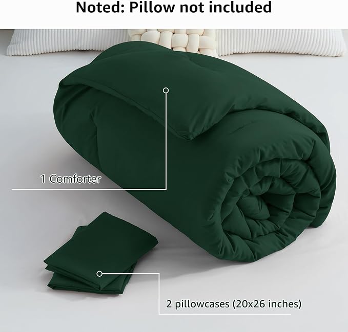 CozyLux Full Size Comforter Set Emerald Green, 3 Pieces Solid Breathable - Image 7